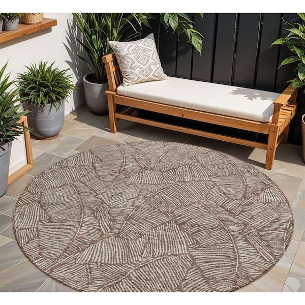 Homeroots 8' Brown And Beige Round Floral Washable Indoor Outdoor Area Rug 594613 - main