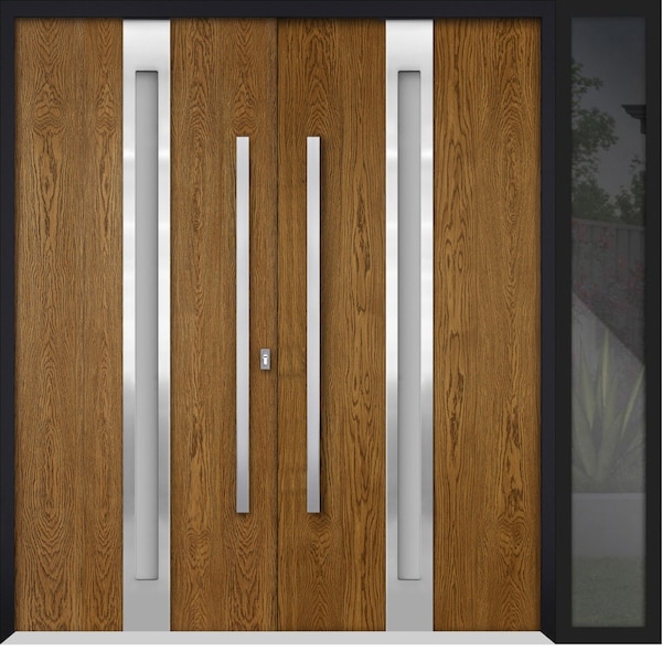 Vdomdoors Steel Double Doors Deux 1744 Natural Oak Sidelight Exterior Black Window Stainless Inserts Single M DEUX1744DEXD-OAKB-LH-W72+14 x H80 - main