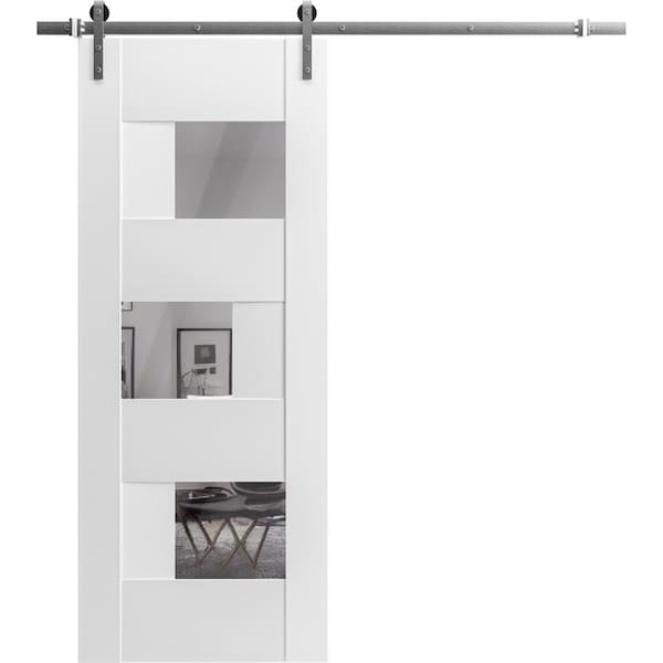 Vdomdoors Modern Barn Door with Hardware Sete 6999 White Silk with Mirror 6.6FT Rail Track Set Solid Panel SETE6999BD-S-WS-18 - main