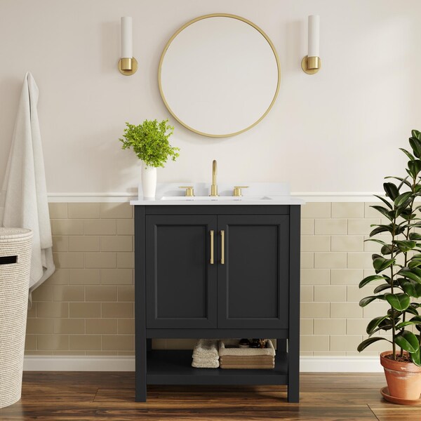 Flash Furniture Vega 30in. Vanity w/Sink, Soft Close Doors & Open Shelf, Carrara Marble, Gold Hardware, Black/White FS-VEGA30-BK-HDGLD-GG - main