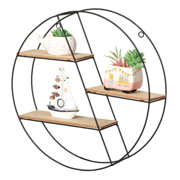 Vintiquewise Elegant 3-Tier Decorative Floating Circular Silhouette Wall Shelf - Circular Metal and Wood QI004691.3BK - main