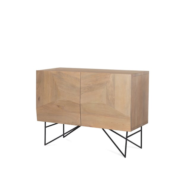 Homeroots 44in Natural and Black Solid Wood and Metal Carved Geometric Accent Cabinet With Two Doors 611066 - main