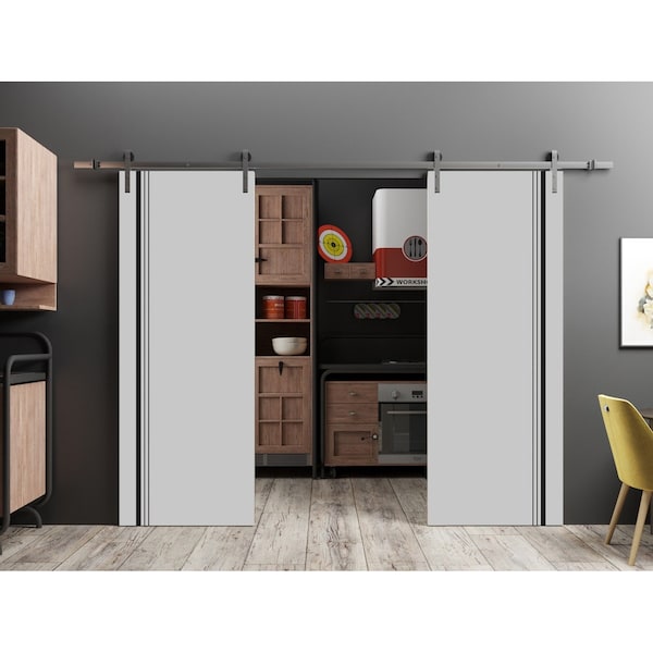Sartodoors Sliding Double Barn Doors with Hardware, Planum 0011 Matte Grey and Aluminum Strips, Silver 13FT Ra PLANUM0011DB-S-GRE-36 - main