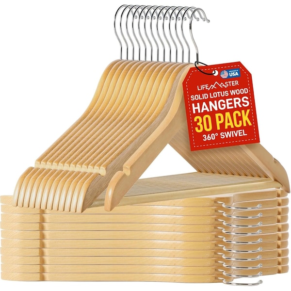 Lifemaster Wooden Hanger Set, Non-Slip, Space-Saving, Swivel Hook, Natural Wood, 30PK LMHNWD30 - main