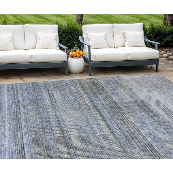 Homeroots 8' X 10' Denim Blue And Sky Blue Striped Washable Indoor Outdoor Area Rug 588049 - main