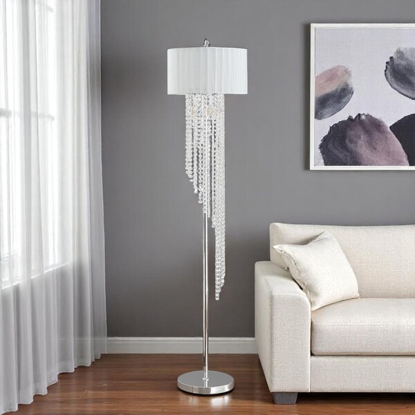 Homeroots 66" Clear And Silver Crystal And Metal Floor Lamp With White Linen Drum Shade 569598 - main