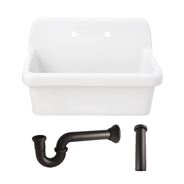 Kingston Brass 30" Ceramic Single Bowl Wall Mount Kitchen Sink with Strainer, White/Oil Rubbed Bronze KGPKWS3019185 - main