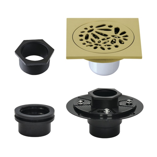 Kingston Brass 4" Brass Square Grid Shower Drain with Hair Strainer and Base Flange, Brushed Brass BSFK6360BB - main