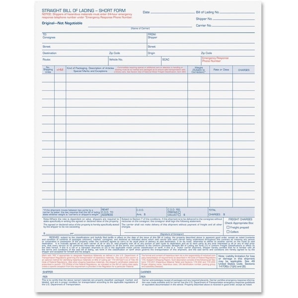 Tops Business Forms TOPS, Bill Of Lading, 16-Line, 8-1/2 X 11, Three-Part Carbonless, 50 Forms 3846 - main