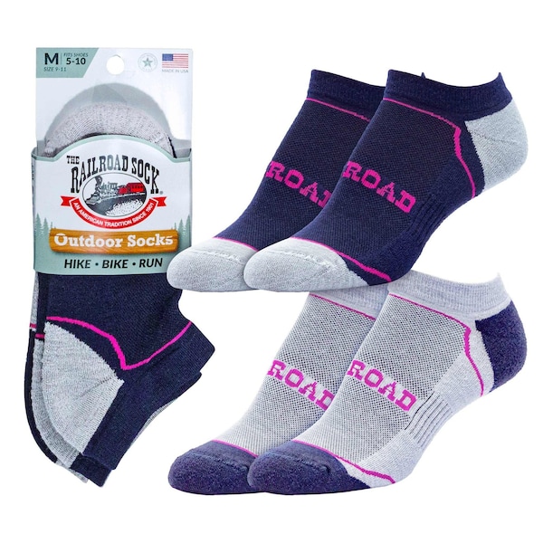 Railroad Sock Unisex No Show Socks, Merino Wool/Nylon/Spandex, Navy/Pink, 5-10 W; 4 -7.5 M, 2 PK OD291NSP - main