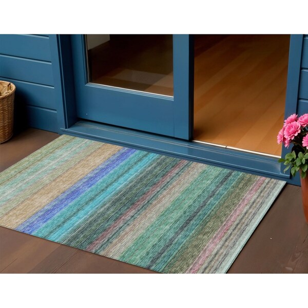 Homeroots 3' X 5' Sage Teal Blue And Tan Striped Washable Indoor Outdoor Area Rug 614827 - main