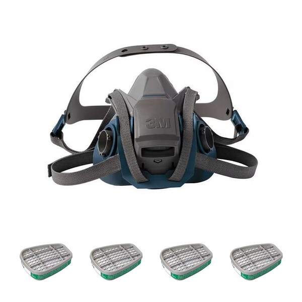 3M Half Mask Respirator Kit: 4 Chemical Cartridges Included, Green Color, (AM), (MA), Bayonet, Size M 29WT69-1AZ78 - main