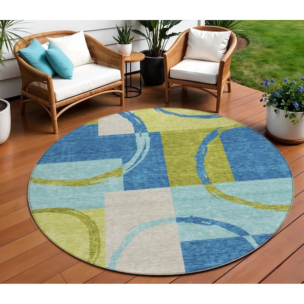 Homeroots 8' Denim Blue And Lime Green Round Geometric Washable Indoor Outdoor Area Rug 612577 - main