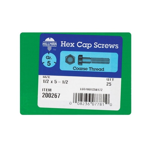 Hillman 1/2 in. D X 5-1/2 in. L Heat Treated Zinc Steel Hex Head Cap Screw, 25PK 200267 - main