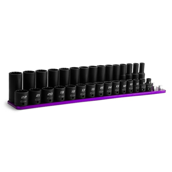 Capri Tools 3/8 in. Drive Shallow/Deep Impact Socket Set, 12-Pt, MM, 30-Pc w/ Purple Billet Aluminum Socket Rail CP53800-30MSDR-PR - main