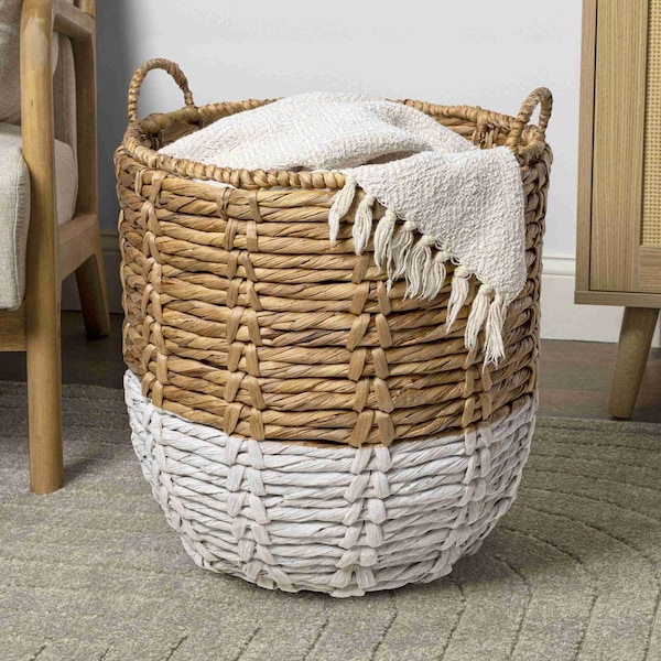 Happimess Laurel 19.49in Bohemian Hand-Woven Abaca Hamper Basket with Handles, Natural/White BSK1003E - main