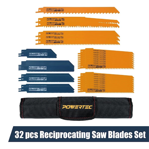 Powertec 32 pcs Reciprocating Saw Blades Set, Metal & Woodcutting Sawzall Blades Assortment & Organizer Pouch 14401 - main