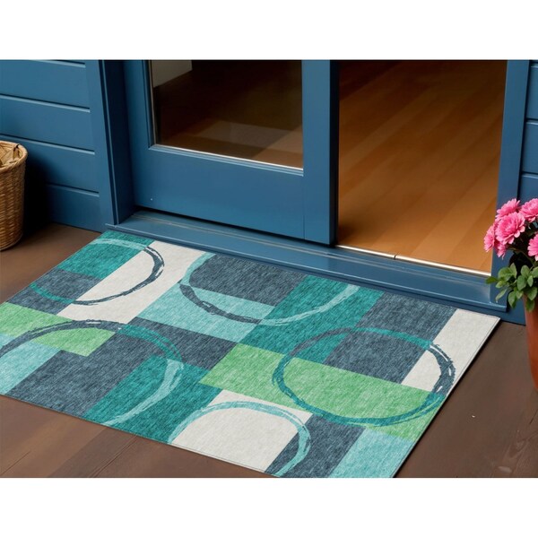 Homeroots 3' X 5' Teal Blue And Green Geometric Washable Indoor Outdoor Area Rug 612593 - main