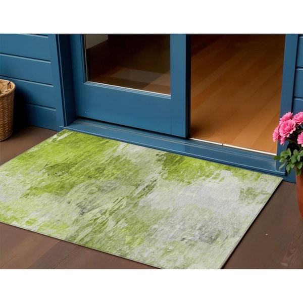 Homeroots 3' X 5' Artichoke Green And Lime Green Abstract Washable Indoor Outdoor Area Rug 577697 - main