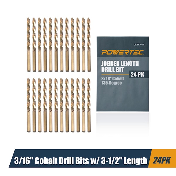 Powertec 3/16" Cobalt Drill Bits 3-1/2" Length, M35 HSS Jobber Length Twist Bits with 135 Deg Tip, 24PK QDB2015-P2 - main