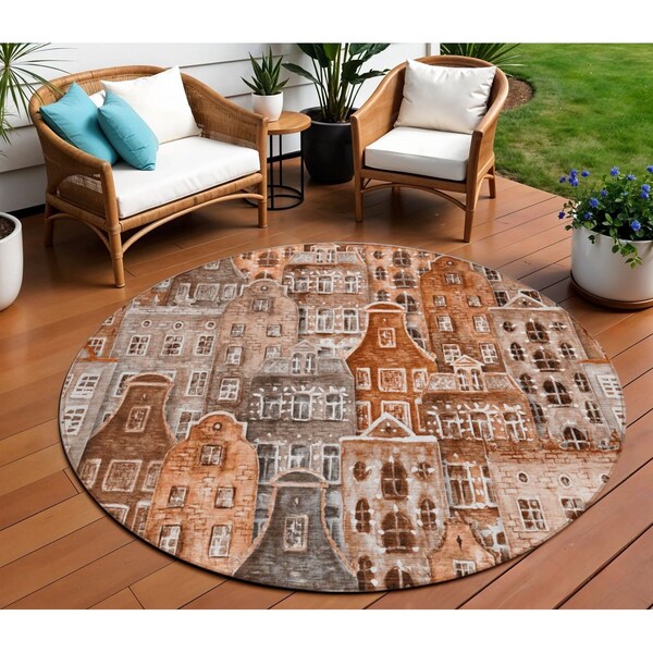 Homeroots 8' Orange Copper And Salmon Round Village Houses Washable Indoor Outdoor Area Rug 577867 - main