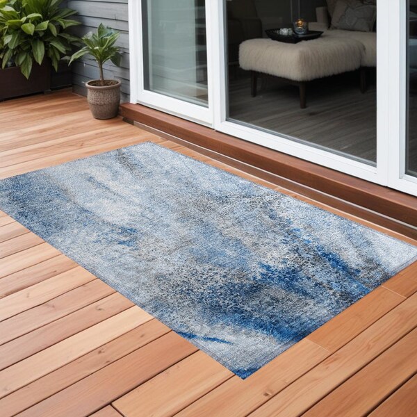 Homeroots 2' X 3' Ivory Blue and Gray Abstract Washable Non Skid Indoor Outdoor Area Rug 559586 - main