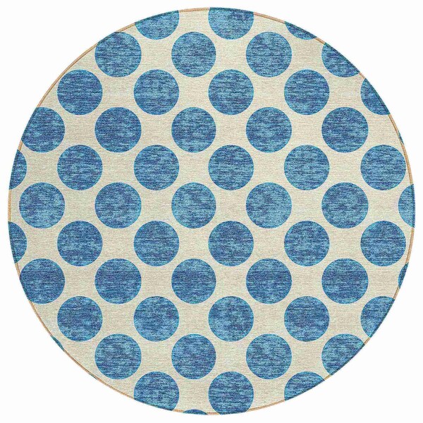 Homeroots 8' Teal Blue And Ivory Round Polka Dot Washable Indoor Outdoor Area Rug 614943 - main