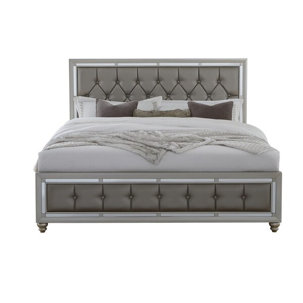 Homeroots Silver Champagne Tone King Bed Padded Headboard Padded Footboard Mirror Trim Accents 383837 - main