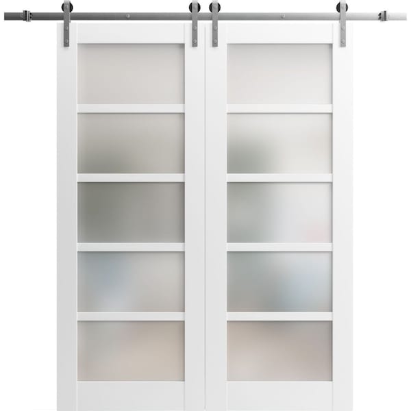 Sartodoors Sliding Double Barn Doors with Hardware White 48x84 (2* 24x84) Solid Core Modern Interior QUADRO4002DB-S-WS-48 x 84 (2* 24x84)-Frosted Glass - main