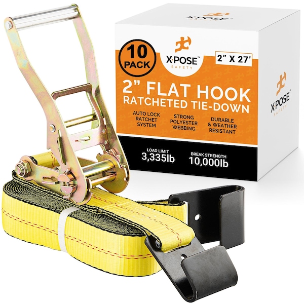 Xpose Safety Heavy Duty Ratchet Straps with Flat Hooks Yellow 2in x 27ft for Securing Cargo, 10PK RTD227-FH-10-X-S - main