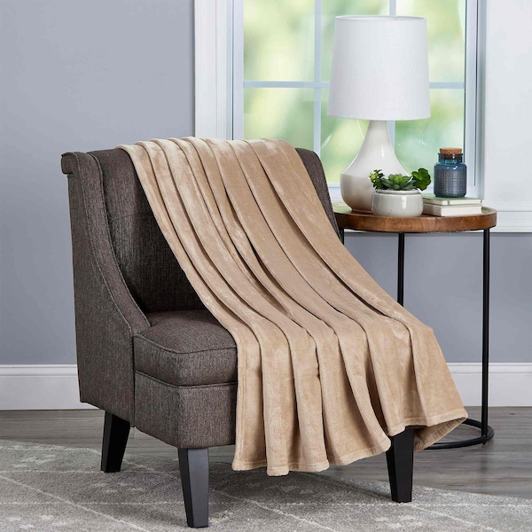 Lavish Home Velvet Throw Oversized Microfiber Velvet Solid Polyester Throw Blanket Machine Washable, Tan 66-THROW005 - main