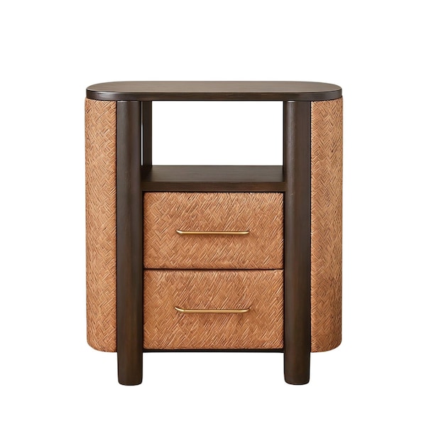 Homeroots 23" Espresso And Mocha Solid Wood Woven Texture Two Drawer Nightstand 722552 - main