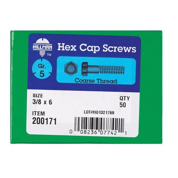 Hillman 3/8 in. D X 6 in. L Heat Treated Zinc Steel Hex Head Cap Screw, 50PK 200171 - main
