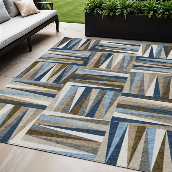 Homeroots 5' X 8' Navy Blue Brown And Beige Geometric Washable Indoor Outdoor Area Rug 598281 - main