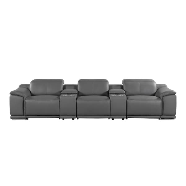 Homeroots 134" Dark Gray Italian Leather Reclining Metal USB Sofa 720296 - main