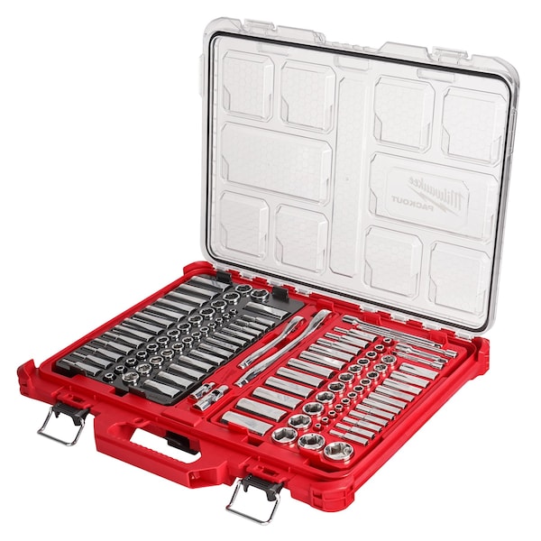 Milwaukee Tool 106pc 1/4" and 3/8" Metric & SAE Ratchet and Socket Set with PACKOUT Low-Profile Organizer 48-22-9486 - main