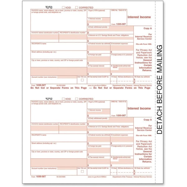 Tops Products TOPS, 1099-Int Tax Forms, 5-Part, 5 1/2 X 8, Inkjet/laser, 24PK 22983 - main