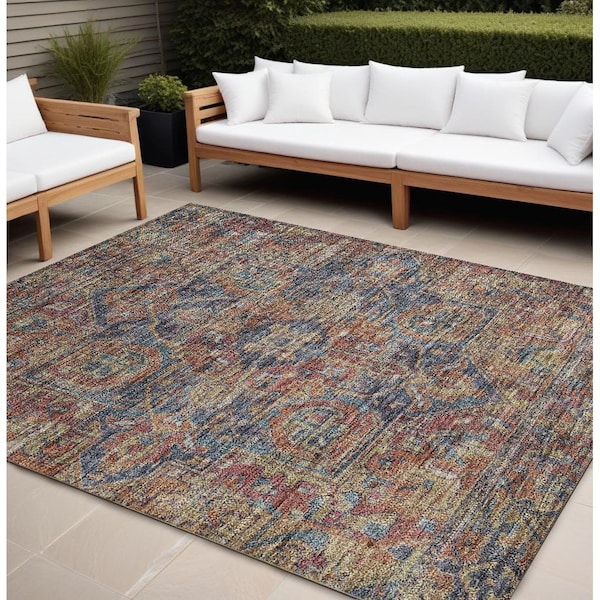 Homeroots 8' X 10' Red Orange And Blue Oriental Washable Indoor Outdoor Area Rug 563841 - main