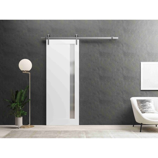 Sartodoors Sturdy Barn Door 36 x 96in, Painted White W/ Frosted Glass, SS 6.6FT Rail Hangers Heavy Set PLANUM0660BD-S-BEM-3696 - main