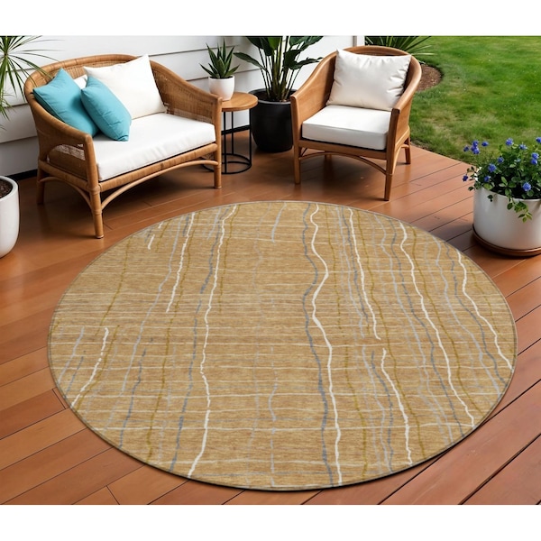 Homeroots 8' Gold Gray And Ivory Round Striped Washable Indoor Outdoor Area Rug 597387 - main