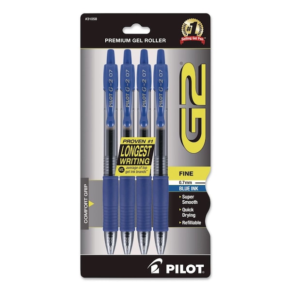 Pilot G2 Premium Gel Pen, Retractable, Fine 0.7 mm, Blue Ink, Smoke/Blue Barrel, 4PK 31058 - main