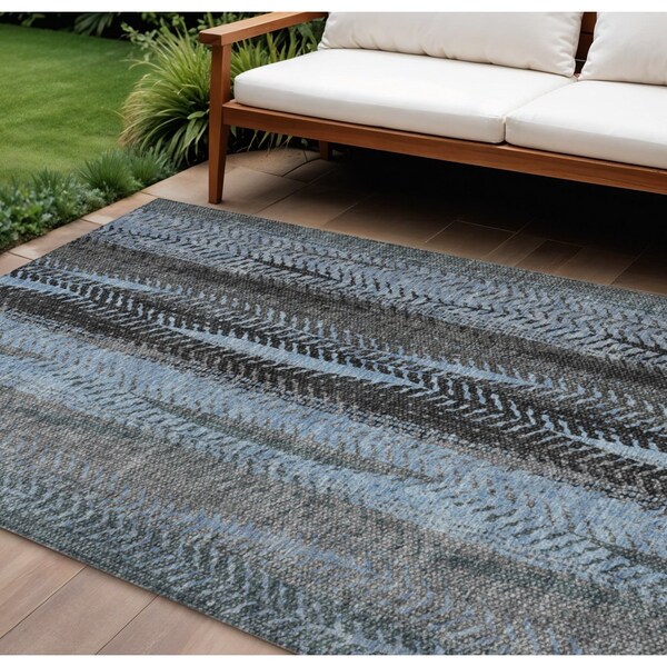 Homeroots 9' X 12' Blue Gray And Charcoal Botanical Leaves Washable Indoor Outdoor Area Rug 581940 - main