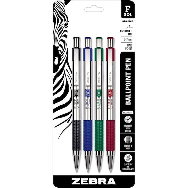 Zebra Pen F-301 Retractable Ballpoint 0.7mm Assorted 4pk 27174 - main