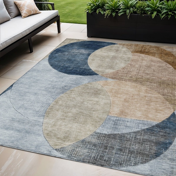 Homeroots 5' X 8' Sky Blue Brown And Beige Geometric Washable Indoor Outdoor Area Rug 604948 - main