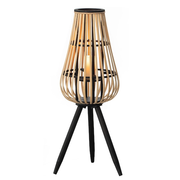 Vintiquewise Indoor and Outdoor Modern Natural Bamboo Decorative Lantern with Black Stand and Glass Candle Holder QI004165 - main