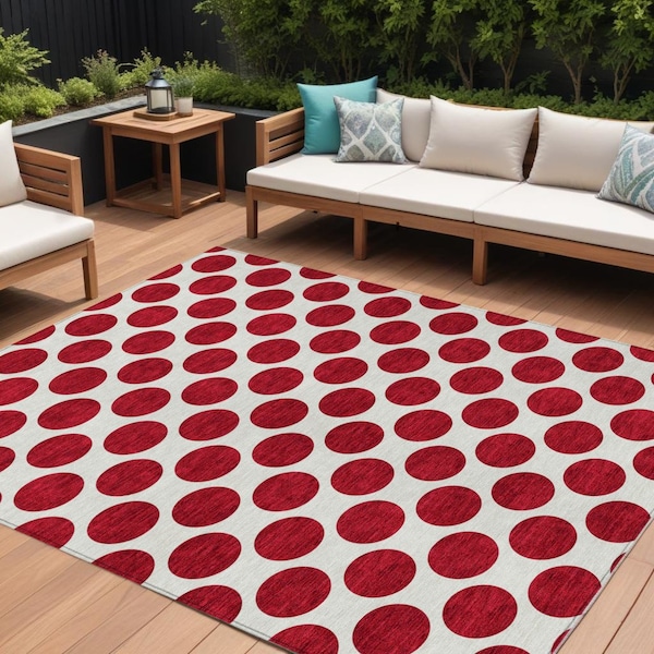 Homeroots 9' X 12' Red And Ivory Polka Dot Washable Indoor Outdoor Area Rug 614939 - main