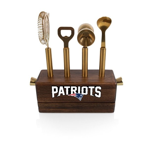 Picnic Time Family Of Brands NFL New England Patriots Sidecar 5-Piece Bar Tool Set, (Acacia Wood) 672-05-508-197-2 - main