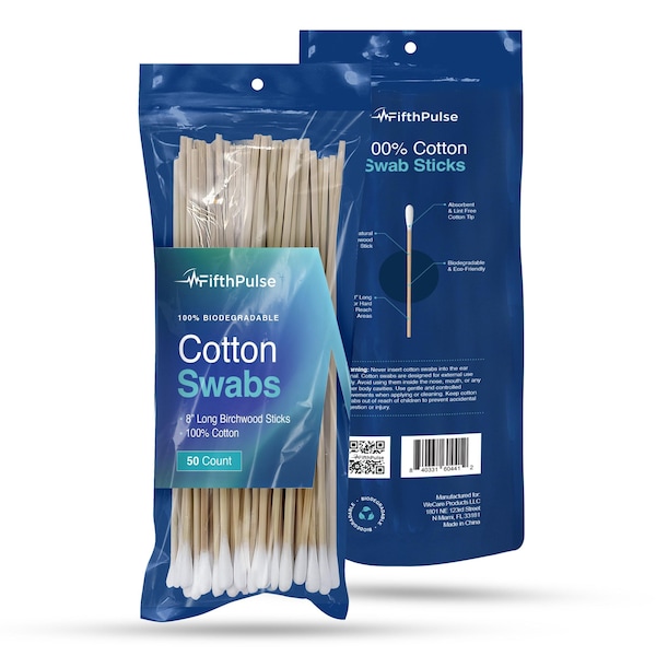 Fifthpulse 100% Natural Eco-friendly 8in Cotton Swabs Sticks Made w/ Birch Wood Cotton Tip Applicator, 50PK FMN100685 - main