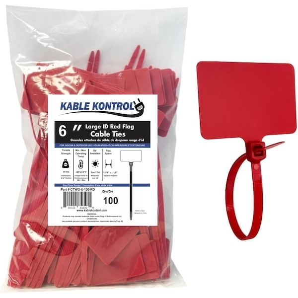 Kable Kontrol Write On Zip Tie Tags, 1-7/8in x 1-1/8in Flag Top, 6in L, 80 Lbs Strength, 100Pcs, Red, 100PK CTWO-6-100-RD - main
