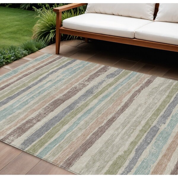 Homeroots 10' X 14' Beige Brown And Gray Striped Washable Indoor Outdoor Area Rug 598871 - main